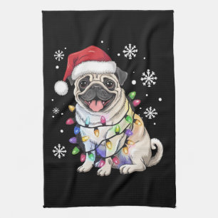 Santa Pug Christmas Lights Xmas Dog Lover  Tea Towel