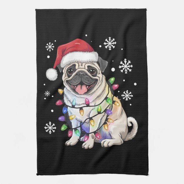 Santa Pug Christmas Lights Xmas Dog Lover  Tea Towel (Vertical)