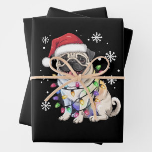 Santa Pug Christmas Lights Xmas Dog Lover  Wrapping Paper Sheet