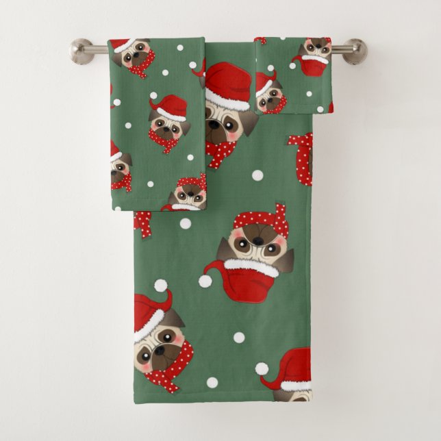 Santa Pug Christmas Pattern Bath Towel Set (Insitu)
