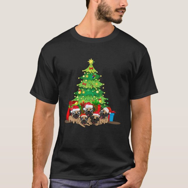 Santa Pug Dog Christmas Merry Pugmas Xmas Tree Lig T-Shirt (Front)