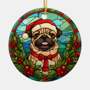 Santa Pug Dog Holly Berry Wreath Christmas Ceramic Ornament