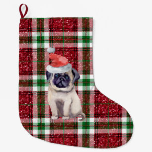 Santa Pug Plaid Christmas Large Christmas Stocking