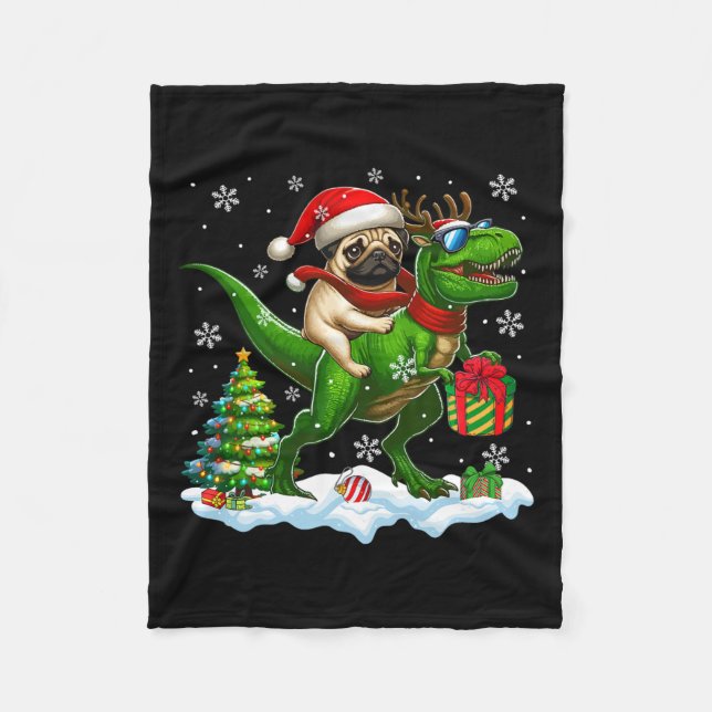 Santa Pug Riding Reindeer T-rex Christmas Kids Tod Fleece Blanket (Front)