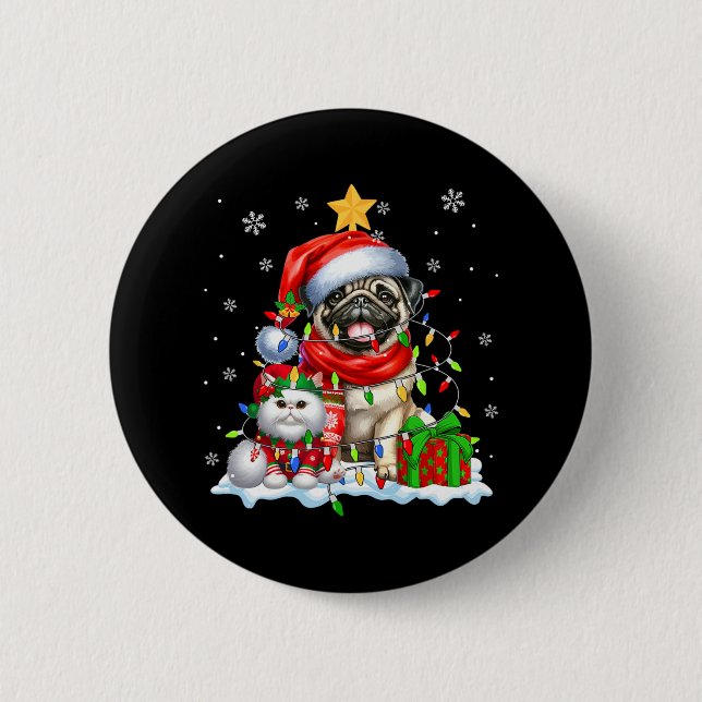 Santa Pug With Elf Cat Christmas Lights Owner Kids 6 Cm Round Badge (Front)