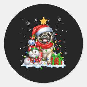Santa Pug With Elf Cat Christmas Lights Owner Kids Classic Round Sticker