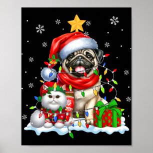 Santa Pug With Elf Cat Christmas Lights Owner Kids Poster