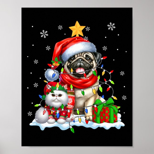 Santa Pug With Elf Cat Christmas Lights Owner Kids Poster (Front)