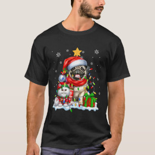 Santa Pug With Elf Cat Christmas Lights Owner Kids T-Shirt