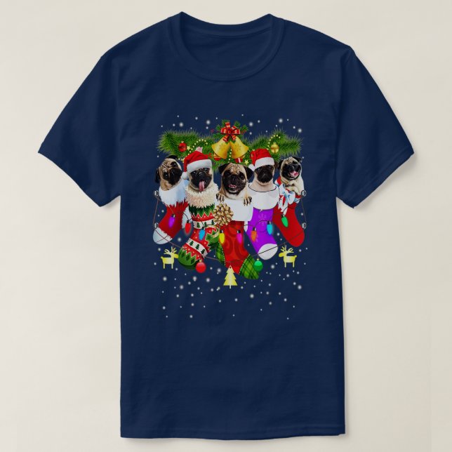 Santa Pugs in Christmas Socks Funny Xmas Dog Lover T-Shirt (Design Front)