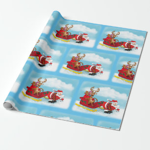 Santa pulling reindeer in sleigh christmas paper