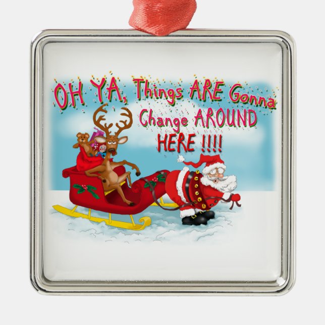 Santa pulling reindeer! metal tree decoration (Front)