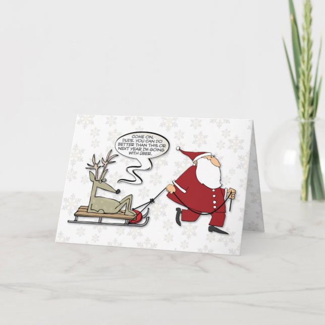 Santa Pulling Reindeer on a Sled Funny Christmas Holiday Card (Front)