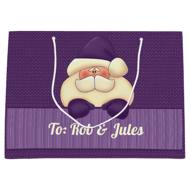 Santa Purple Stripes and Polka Dots Christmas Large Gift Bag (Front)