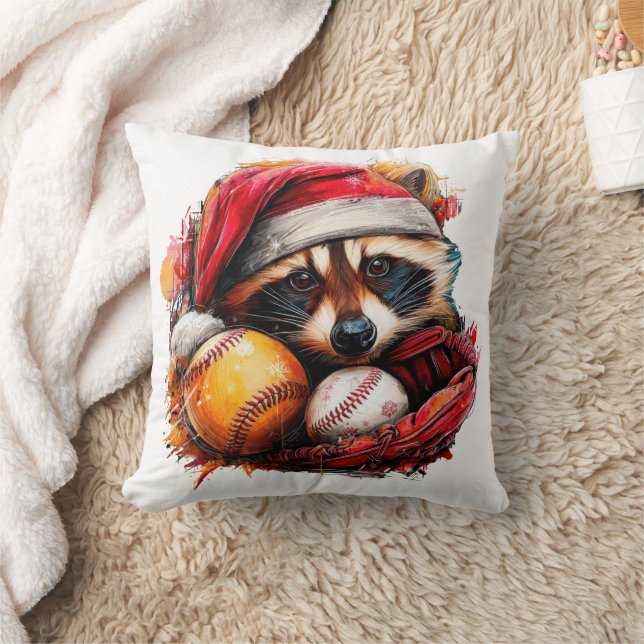 Santa Raccoon & Baseballs Holiday Throw Pillow  (Blanket)