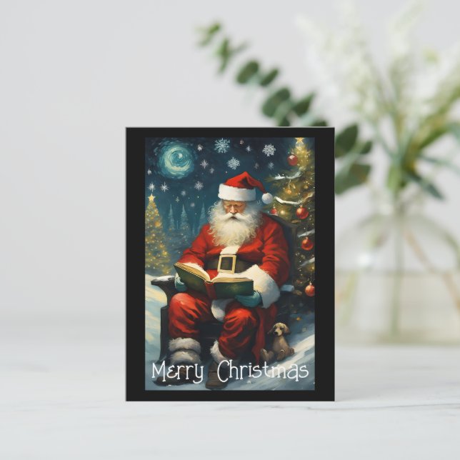 Santa Reading Book Christmas Tree Postcard (Standing Front)