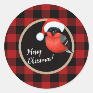Santa Red Bird Christmas Holiday Red Buffalo Plaid Classic Round Sticker