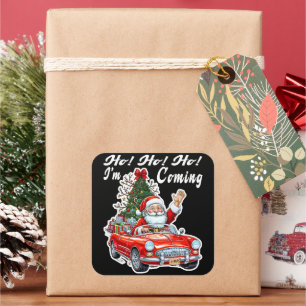 Santa Red Car Black Background Square Sticker