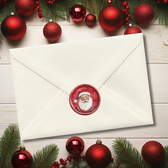 Santa Red Christmas Faux Was Classic Round Sticker (Santa Red Christmas Faux Was Classic Round Sticker)