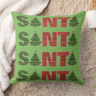 Santa Red Green Christmas Trees Cushion