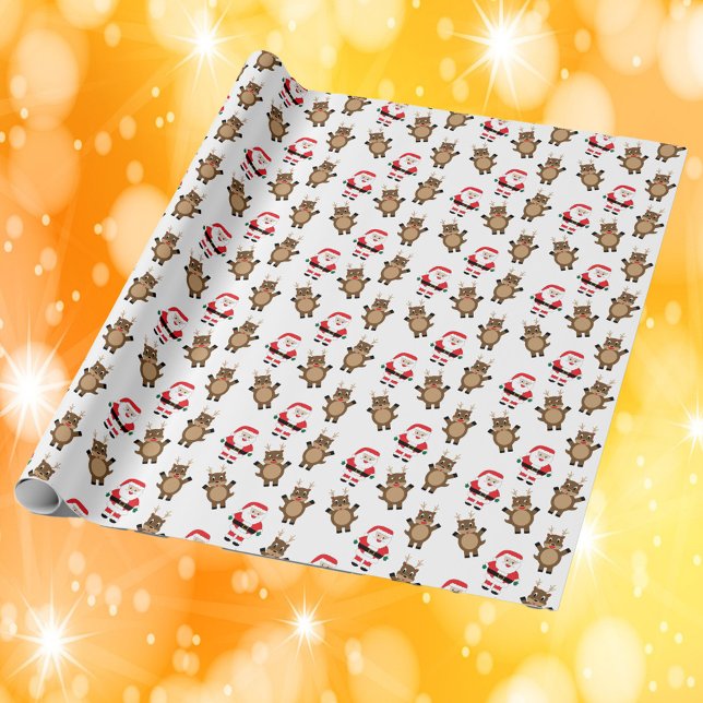 Santa Red Reindeer White Background Pattern Wrapping Paper (Wrapping paper with a pattern of Santa and reindeer.)