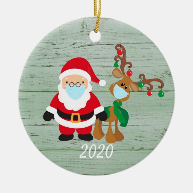Santa Reindeer 2020 Face mask Covid Wood Ceramic Ornament (Front)