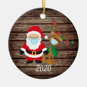 Santa Reindeer 2020 Face mask Covid Wood Ceramic Ornament