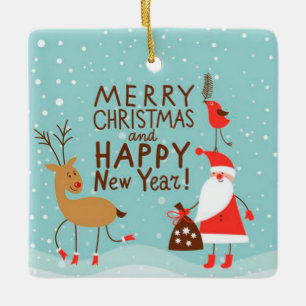 Santa, Reindeer and Bird with Snowflakes Ceramic Ornament