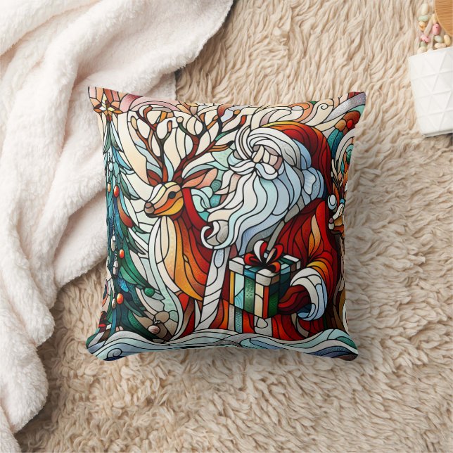 Santa, reindeer, and gifts by trees' cushion (Blanket)
