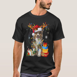 Santa Reindeer Australian Shepherd Christmas Light T-Shirt