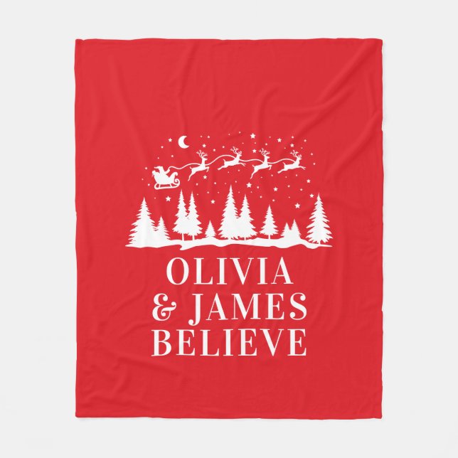 Santa reindeer believes Christmas traditional red  Fleece Blanket (Front)