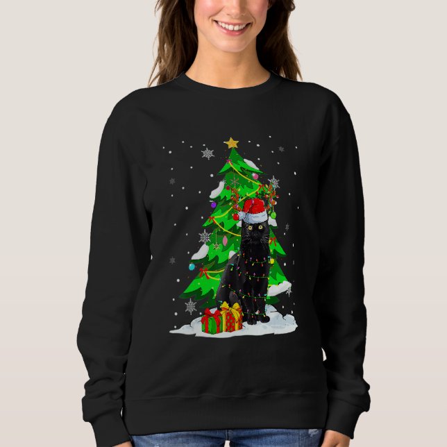 Santa Reindeer Black Cat Xmas Tree Lights Christma Sweatshirt (Front)