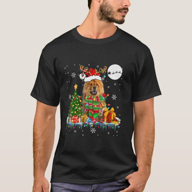 Santa Reindeer Chow Chow Christmas Tree Lights Dog T-Shirt (Front)