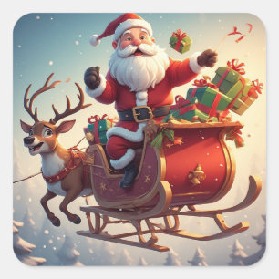Santa Reindeer Christmas Journey Winter Scene Square Sticker