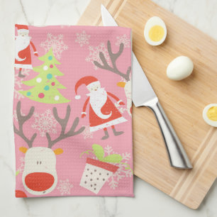 Santa, Reindeer, Christmas Tree and Potted Plant Tea Towel