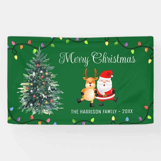 Santa Reindeer Christmas Tree String Lights Banner (Horizontal)