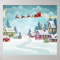 Santa Reindeer Christmas Vintage Scene