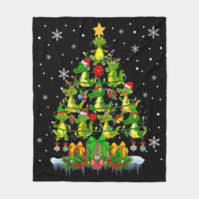 Santa Reindeer Elf Alligators Christmas Tree Light Fleece Blanket (Front)