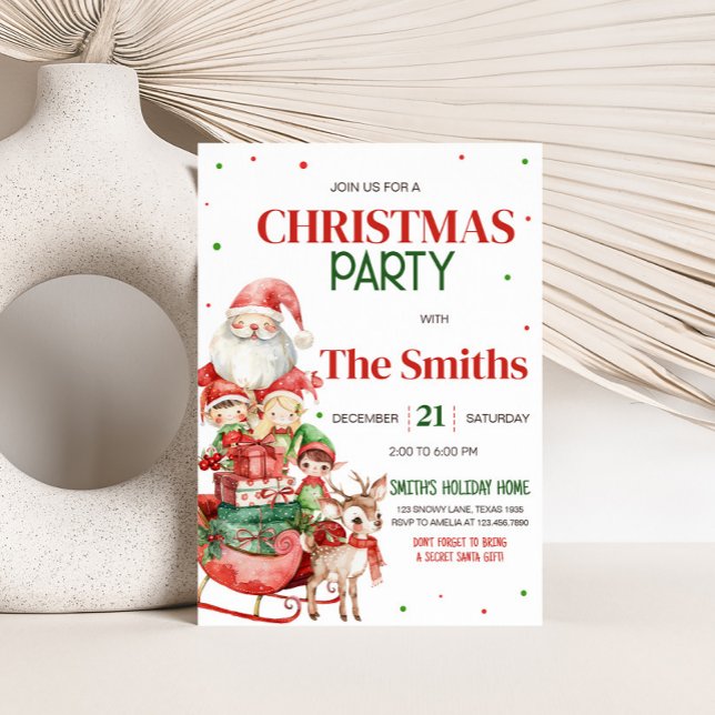 Santa Reindeer Elf Kids Christmas Party Invitation (Secret Santa Reindeer Elf Kids Christmas Party Invitation)