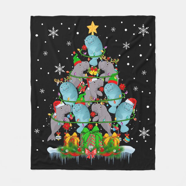 Santa Reindeer Elf Manatees Christmas Tree Lights  Fleece Blanket (Front)