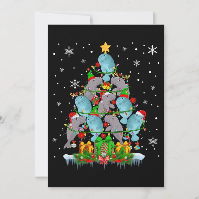 Santa Reindeer Elf Manatees Christmas Tree Lights  Invitation (Front)