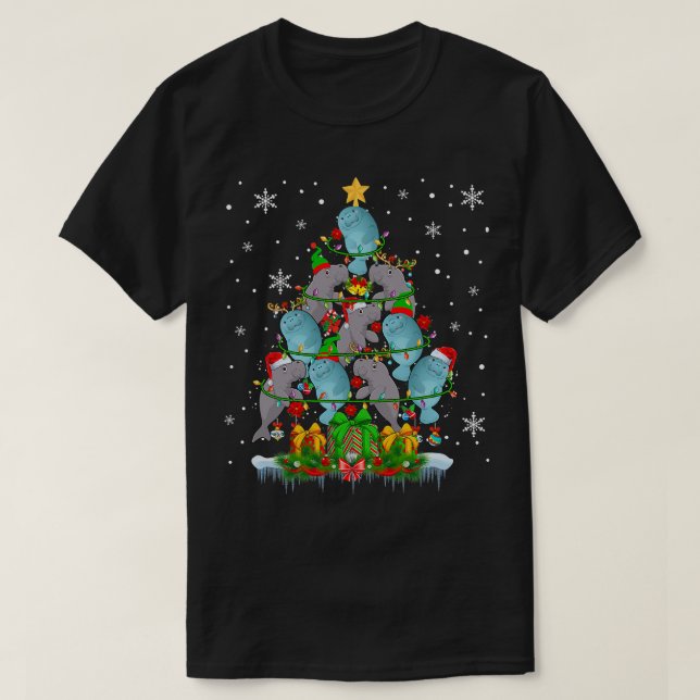 Santa Reindeer Elf Manatees Christmas Tree Lights  T-Shirt (Design Front)