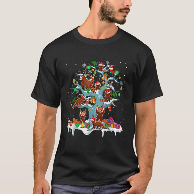 Santa Reindeer Elf Red Pandas On Xmas Tree Lights  T-Shirt (Front)