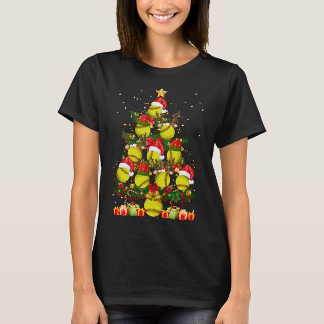 Santa Reindeer Elf Softball Christmas Tree Xmas T-Shirt (Front)