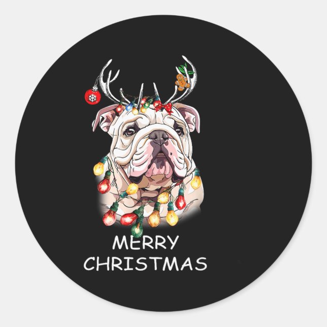 Santa Reindeer English Bulldog Dog Christmas Light Classic Round Sticker (Front)