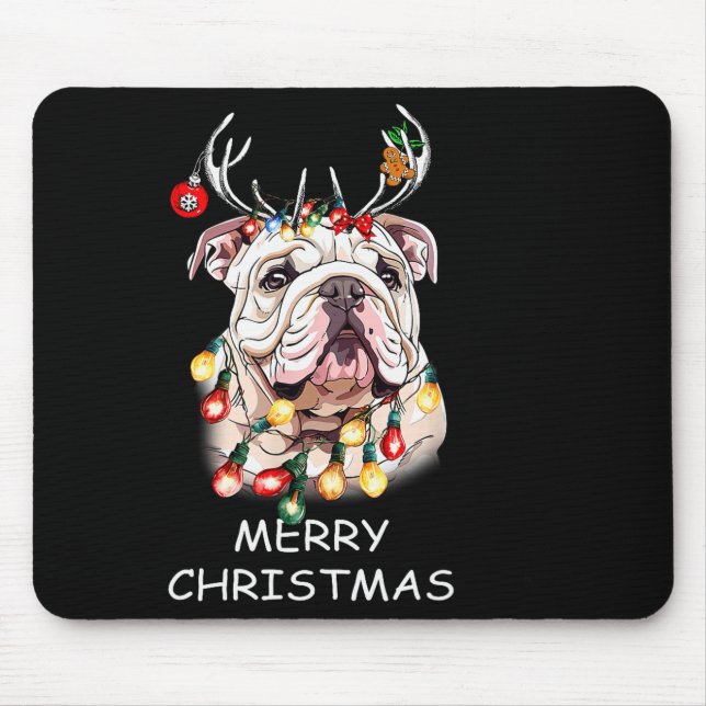 Santa Reindeer English Bulldog Dog Christmas Light Mouse Pad (Front)
