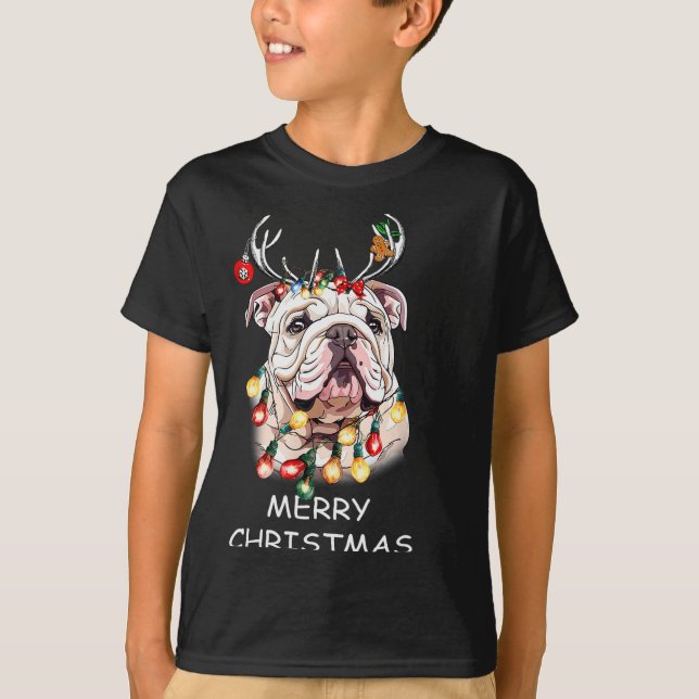 Santa Reindeer English Bulldog Dog Christmas Light T-Shirt (Front)