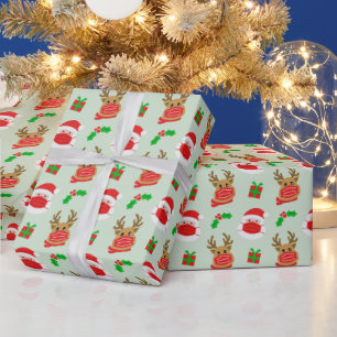 Santa Reindeer Face Mask Green Christmas Wrapping Paper