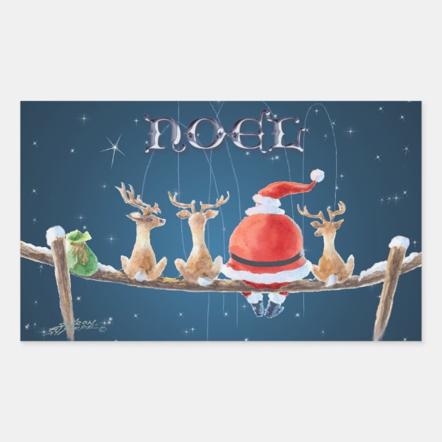 SANTA & REINDEER FISHING by SHARON SHARPE Rectangular Sticker (Front)