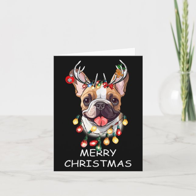 Santa Reindeer French Bulldog Dog Christmas Lights Card (Front)
